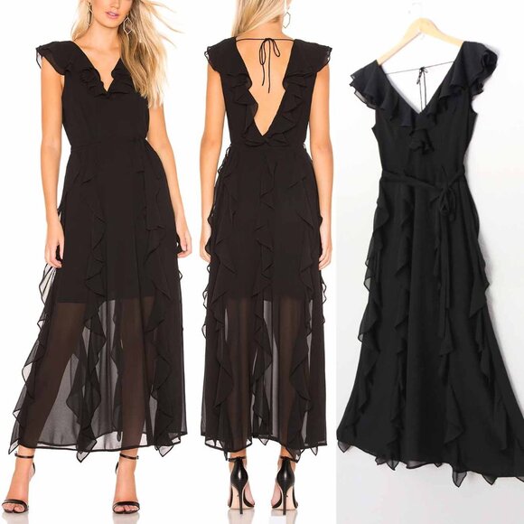 Bardot Emily Frill Maxi Dress with Ruffle Overlay 4 XS Black Dark Romantic $129 - Picture 15 of 16